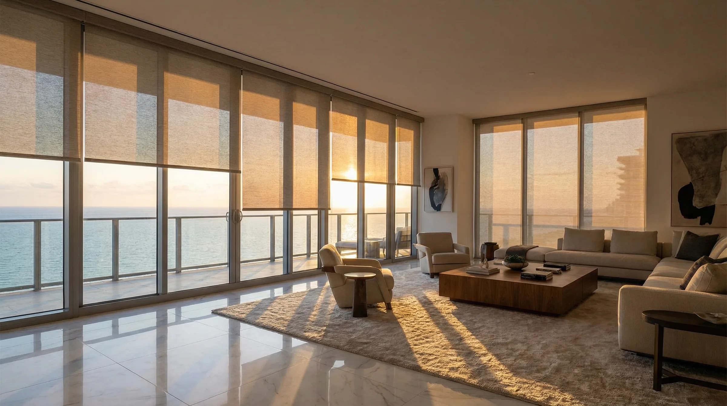 Modern South Florida living room with custom motorized shades on floor-to-ceiling windows