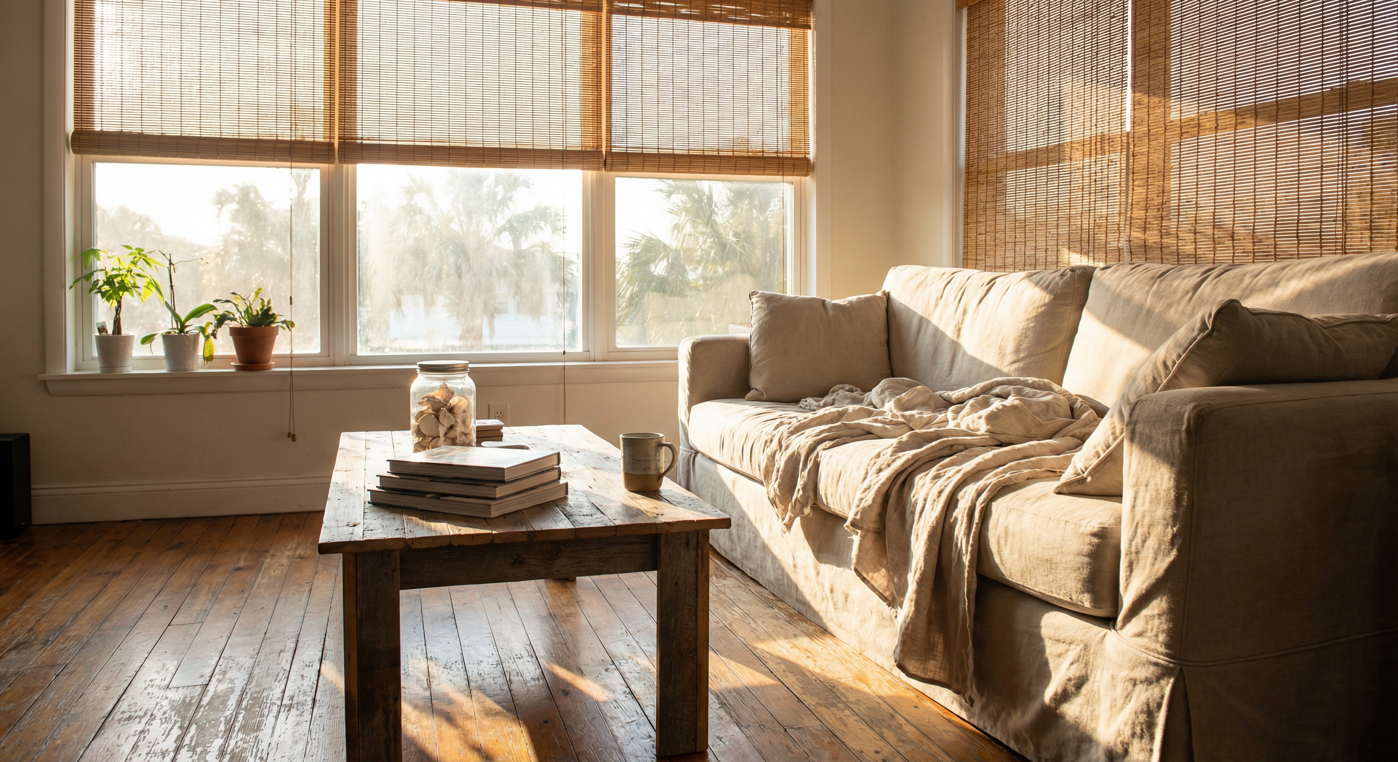 Light-filtering shades in coastal home