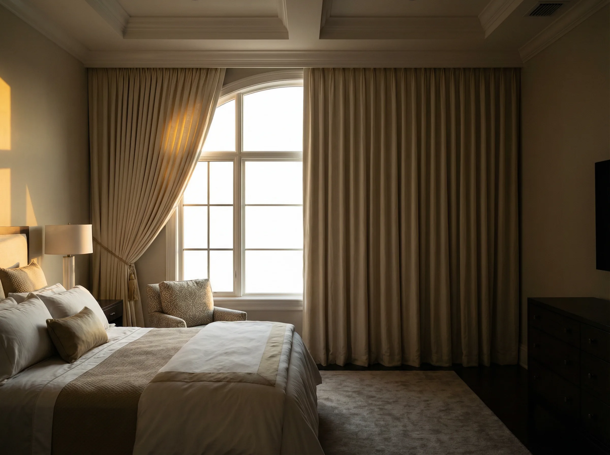Motorized shades on floor-to-ceiling windows in a Palm Beach home