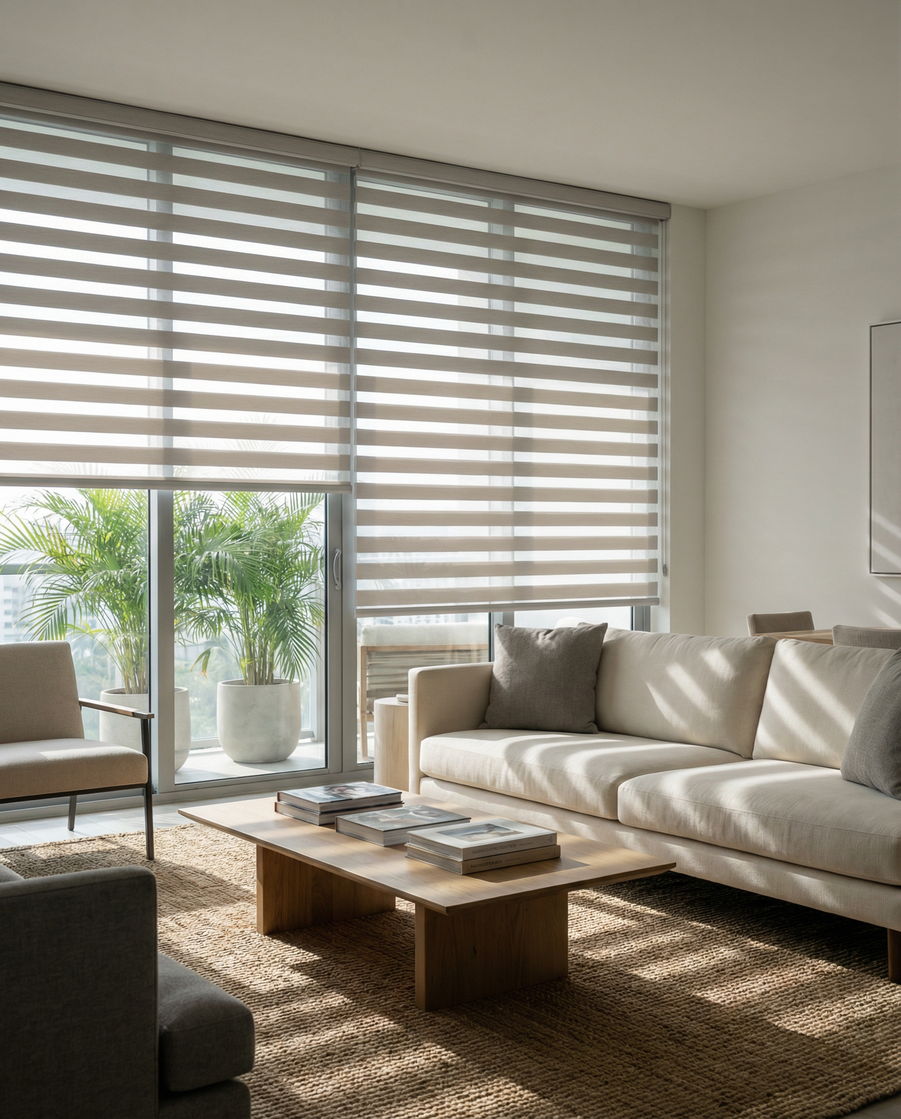 Zebra shades in modern living room